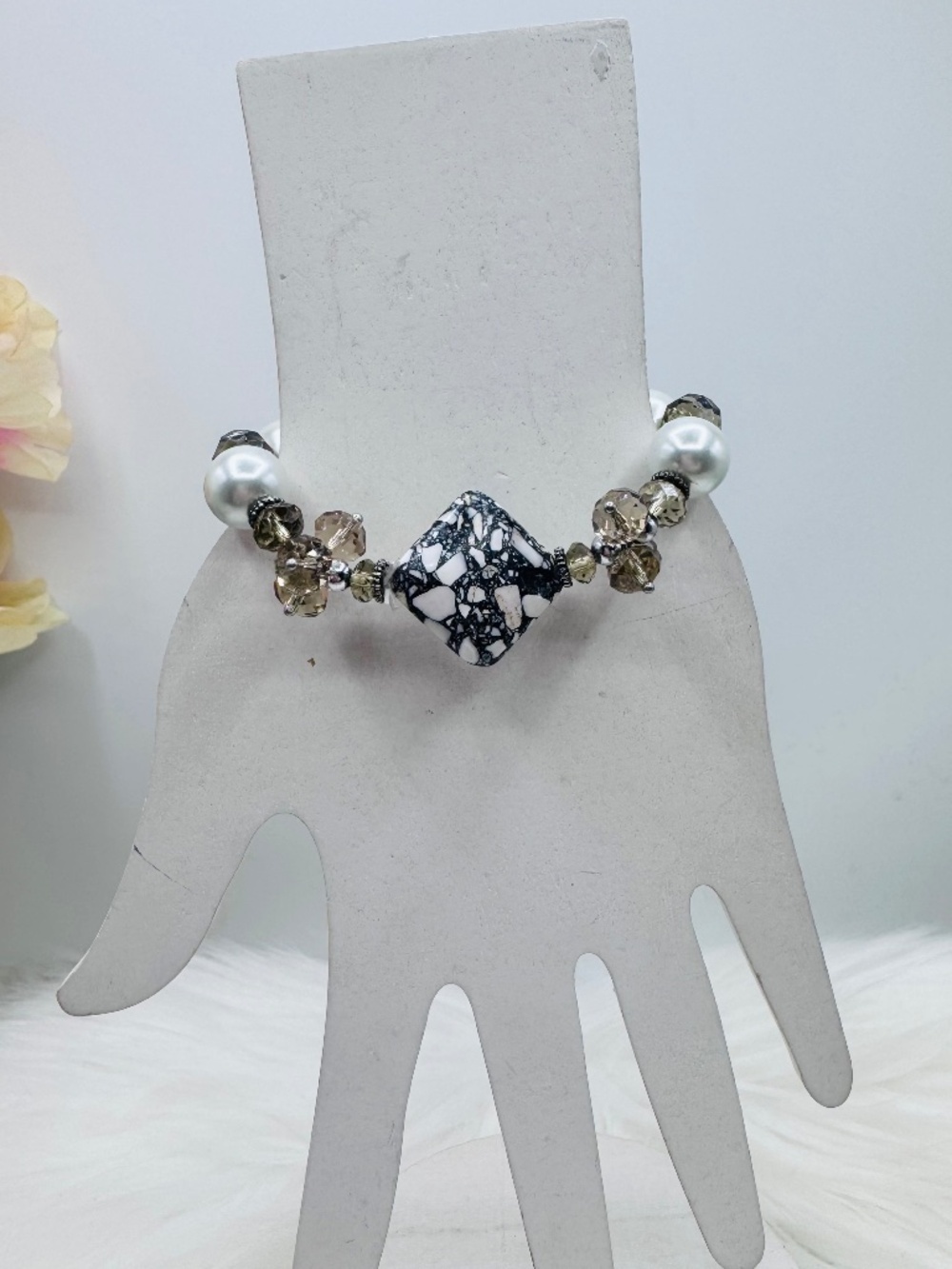 Pearl & Smoky Crystal Stretch Bracelet with Marble Stone Centerpiece